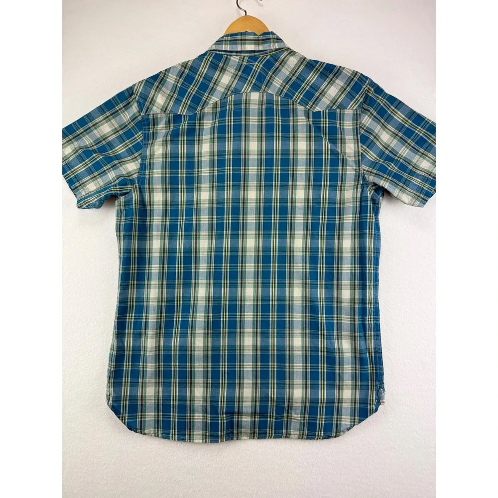 Levi's Western Shirt Mens Large Blue Green Plaid Pearl Snap‎ Short Sleeve